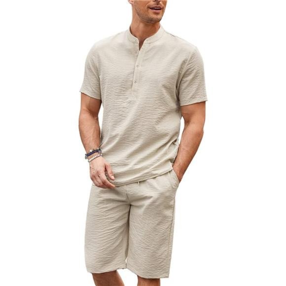 Other - Men's 2 Pieces Linen Set Casual Henley Shirts Short Sleeve Shorts Summer Outfit